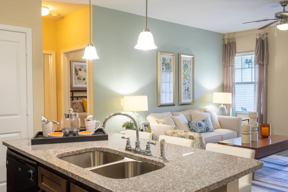 Granite countertops in a model home's kitchen at Legends at White Oak in Ooltewah, Tennessee