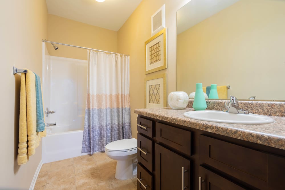 Large primary bathroom with a granite countertop in a model apartment at Legends at White Oak in Ooltewah, Tennessee