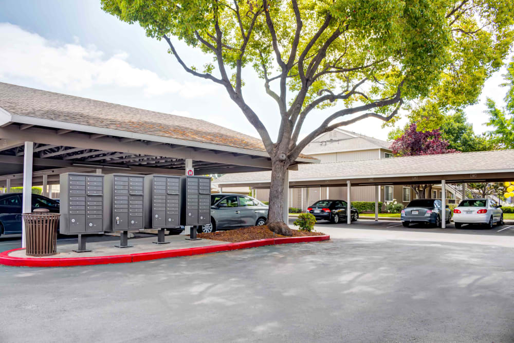 Mailboxes in parking lot at Sofi Berryessa in San Jose, CA