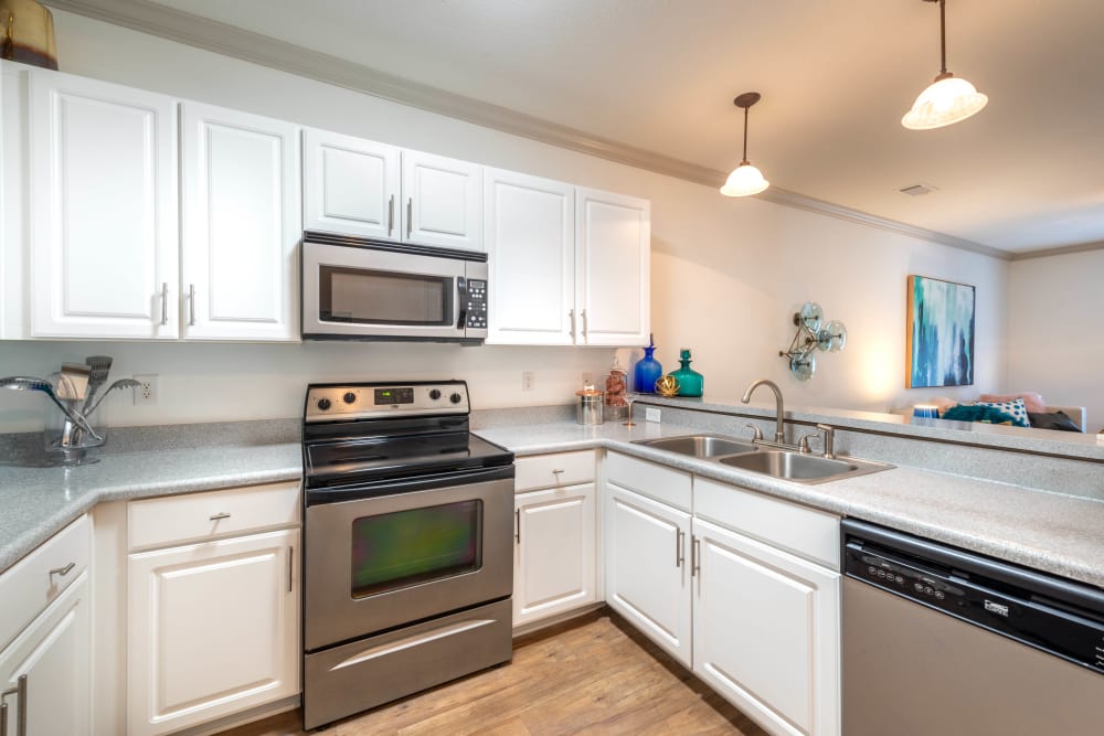 Model apartment's gourmet kitchen with a dual-basin sink and granite countertops at Olympus Carrington in Pooler, Georgia