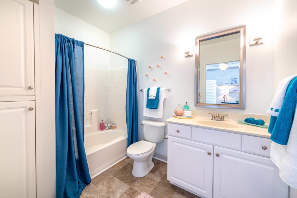 Well-lit bathroom with a vanity mirror in a model home at Olympus Carrington in Pooler, Georgia