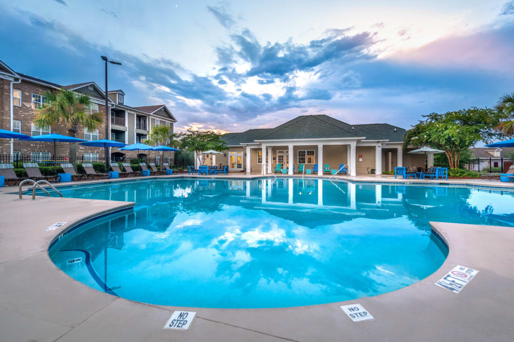 Dawn at the swimming pool area at Olympus Carrington in Pooler, Georgia