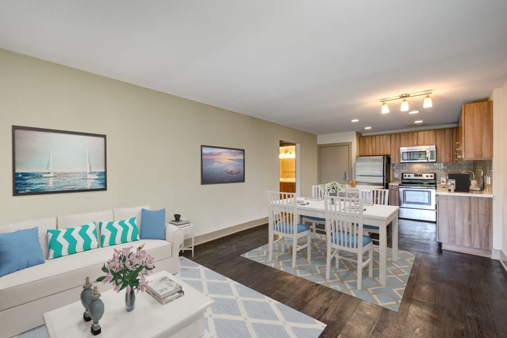 Living, dining, and kitchen areas at Harborside Marina Bay Apartments in Marina del Rey, California
