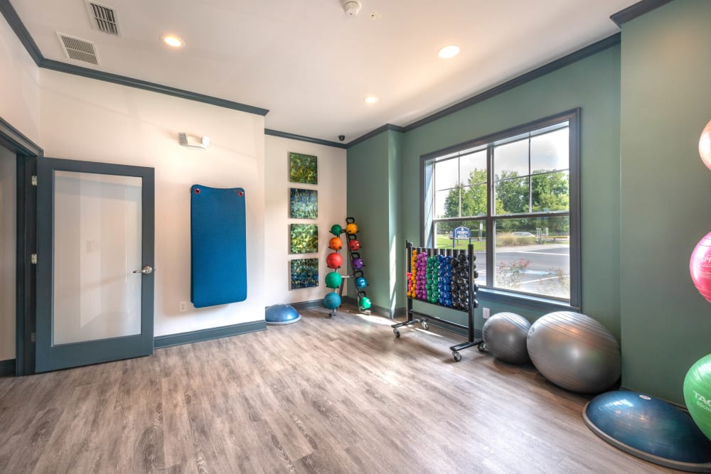 Yoga room in the fitness center at Olympus Fenwick in Savannah, Georgia