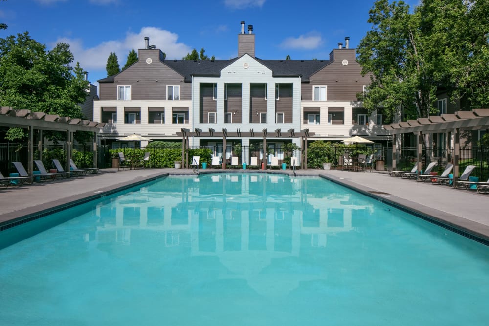 Large resort-style swimming pool with lounge chairs at Waterhouse Place in Beaverton, Oregon
