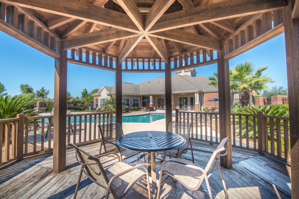 Poolside gazebo perfect for picnics at Odyssey Lake in Brunswick, Georgia