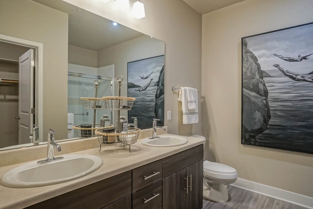 Ample countertop space in a model home's bathroom at Olympus Northpoint in Albuquerque, New Mexico