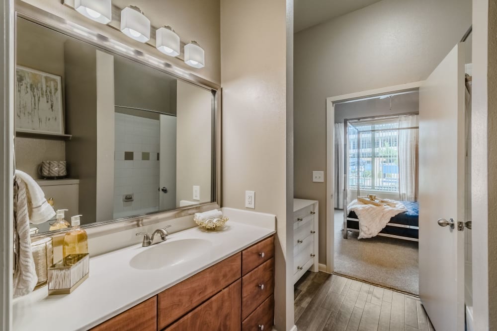 Large bathroom in apartment at Olympus Boulevard in Frisco, Texas