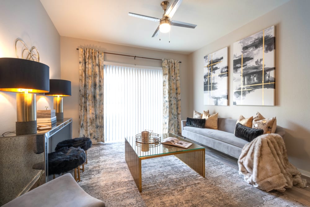 Art deco furnishings in the living area of a model apartment at Olympus Solaire in Albuquerque, New Mexico