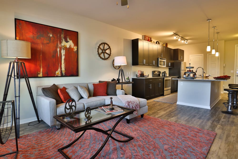 Beautifully furnished living area in a model home at Olympus Steelyard in Chandler, Arizona