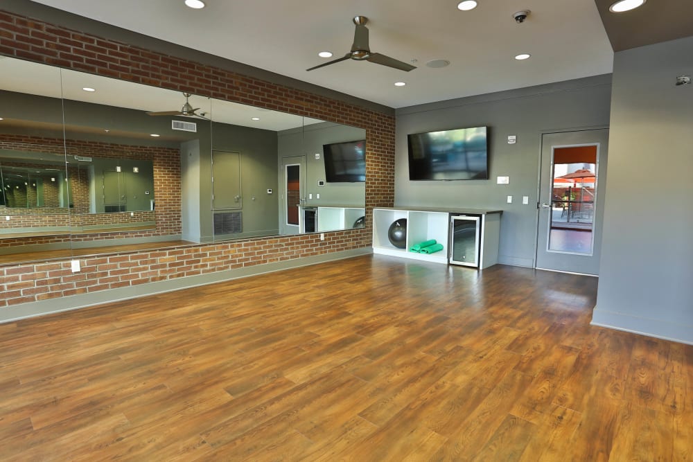 Yoga room in the fitness center at Olympus Steelyard in Chandler, Arizona