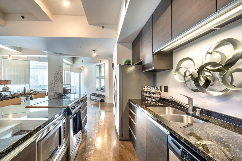 Gourmet kitchen with stainless-steel appliances at Mosaic Dallas in Dallas, Texas