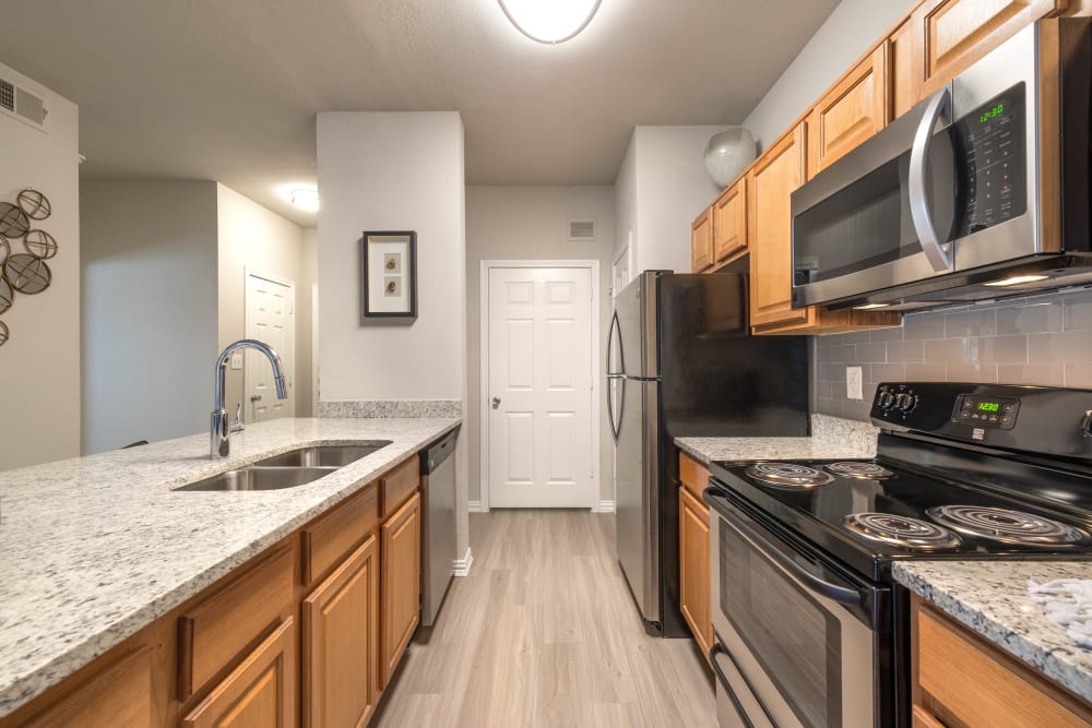 Dual-basin sink and hardwood flooring in a model apartment's kitchen at Olympus Stone Glen in Keller, Texas