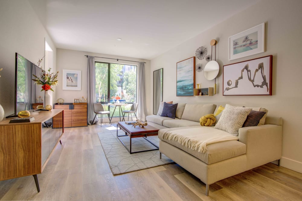 Living Room with hardwood floors at Sofi Riverview Park in San Jose, California