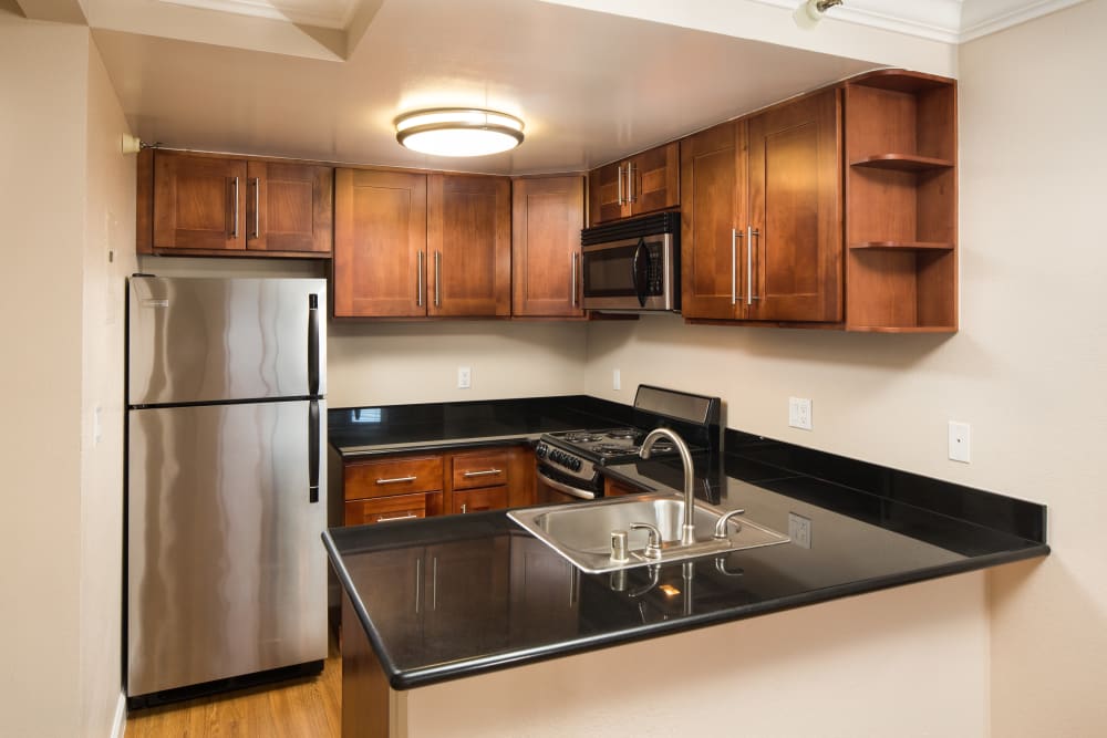 Standard apartment kitchen with stainless-steel appliances at Tower 737 Condominium Rentals in San Francisco, California