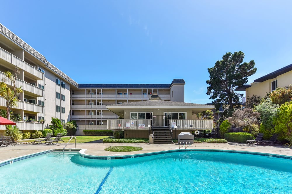 Beautiful swimming pool next to a large, green lawn at Tower Apartment Homes in Alameda, California