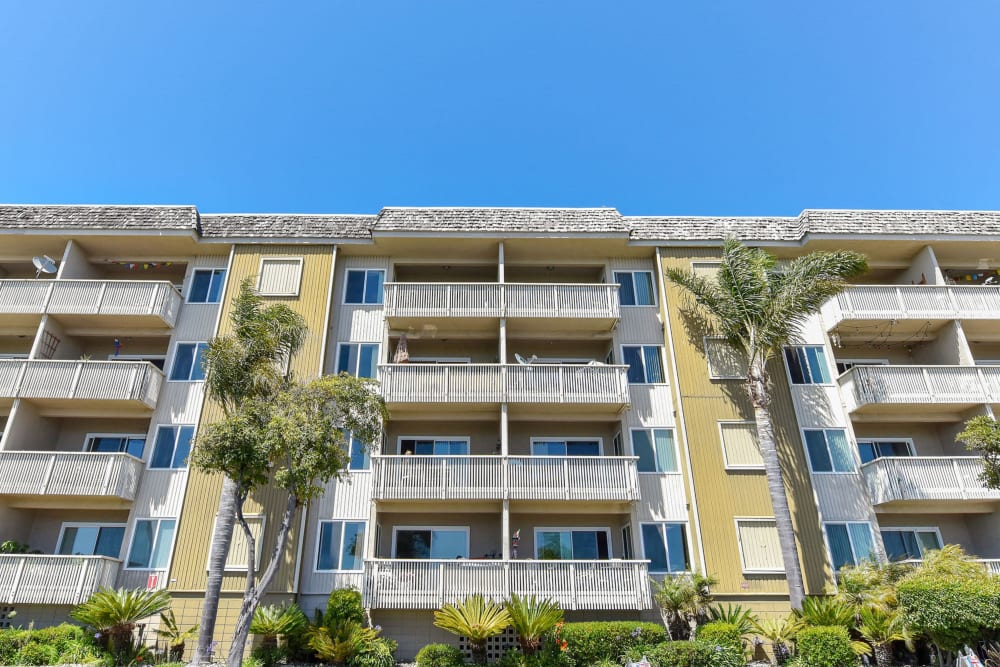 Ground view of the beach-style exterior of Tower Apartment Homes in Alameda, California