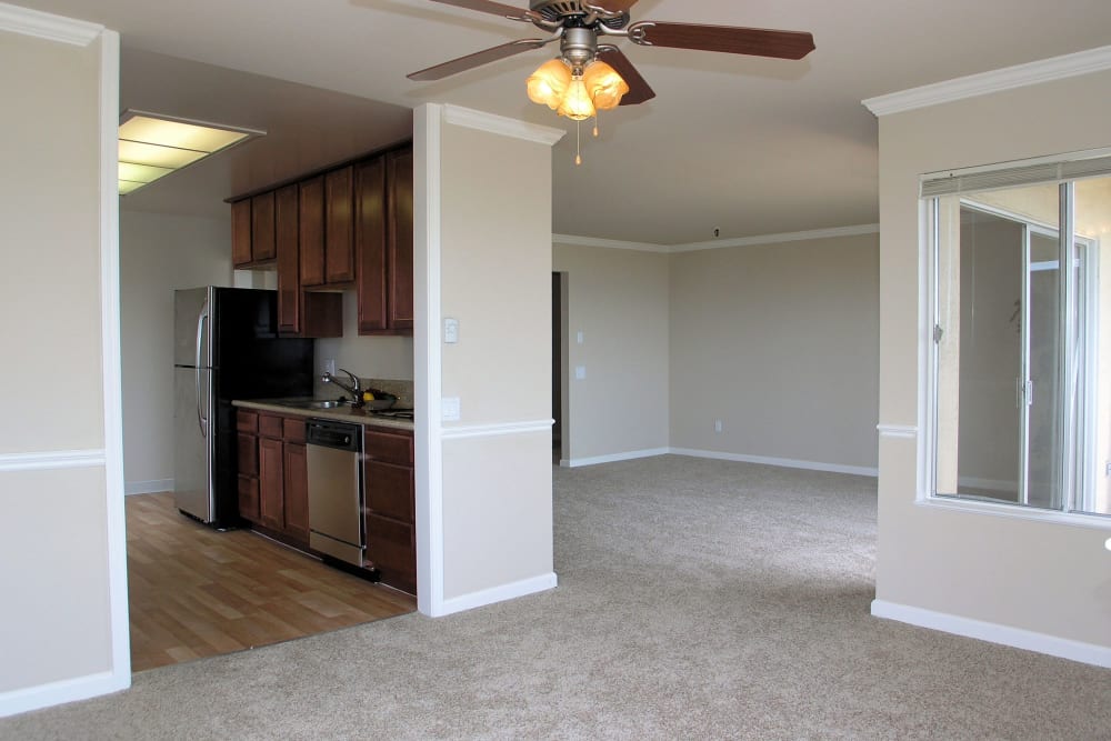Spacious living room with plush carpeting and a ceiling fan at Tower Apartment Homes in Alameda, California