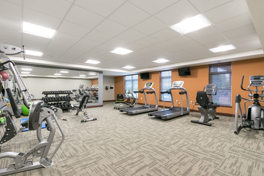 Fitness center at Applewood Pointe of Roseville at Central Park in Roseville, Minnesota. 