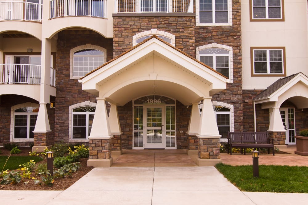 View of the main entrance at Applewood Pointe of Roseville at Langton Lake in Roseville, Minnesota. 