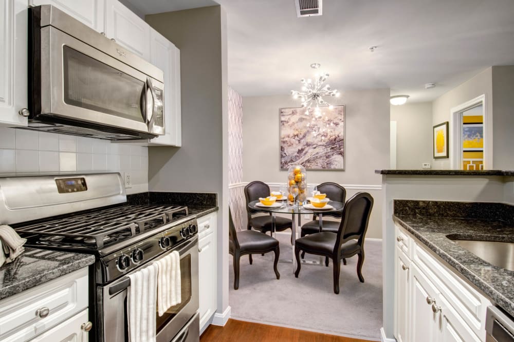 A model kitchen and dining room at Ellington Metro West in Westborough, Massachusetts