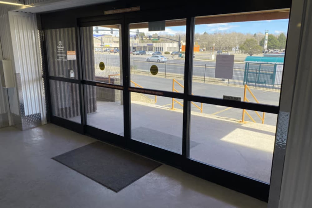 The no-touch automatic sliding entrance doors at Storage 365 in Colorado Springs, Colorado