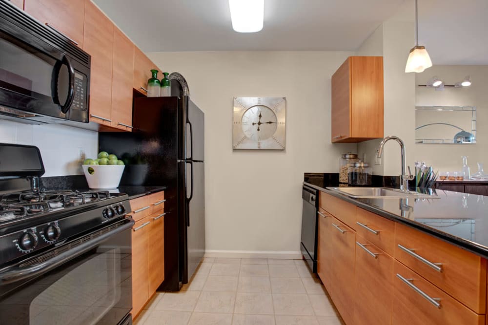 Kitchen with black appliances at Skyline New Rochelle in New Rochelle, New York