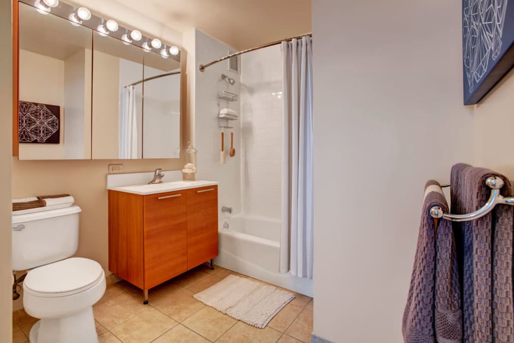 A decorated apartment bathroom at Skyline New Rochelle in New Rochelle, New York
