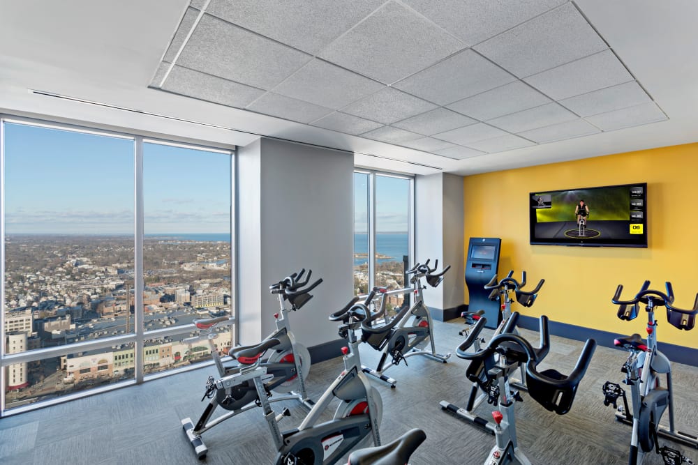 A spin room in the fitness center at Skyline New Rochelle in New Rochelle, New York