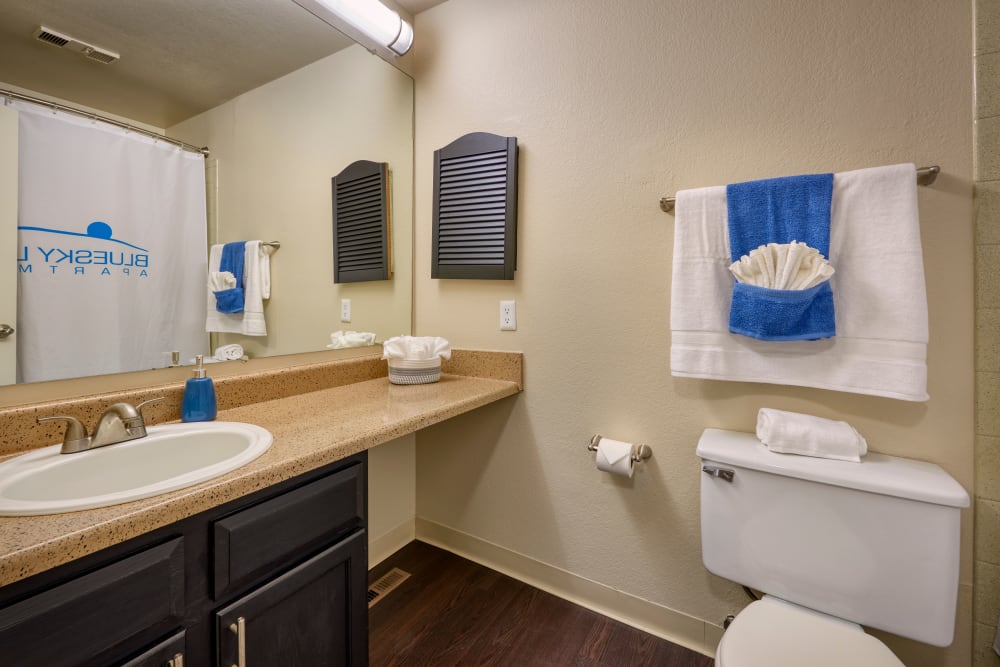 Recently renovated bathroom with brown cabinets and a large tub at Bluesky Landing Apartments in Lakewood, Colorado