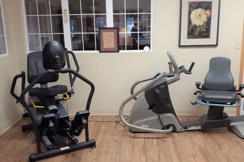 Exercise room and equipment for residents of Clover Ridge Place in Maquoketa, Iowa.