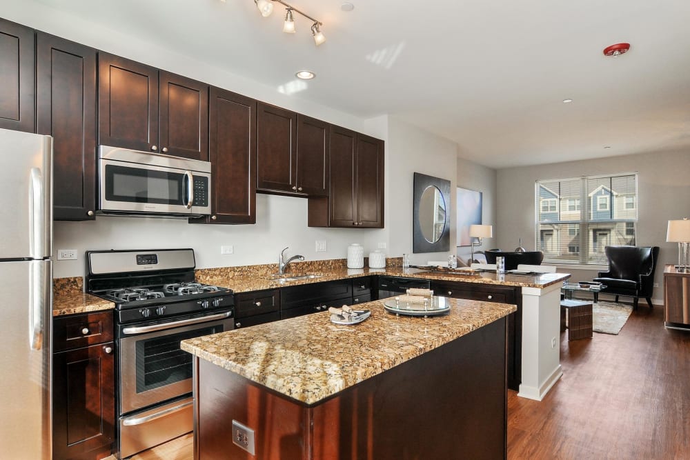 Kitchen with a large island at The Oaks Of Vernon Hills in Vernon Hills, Illinois