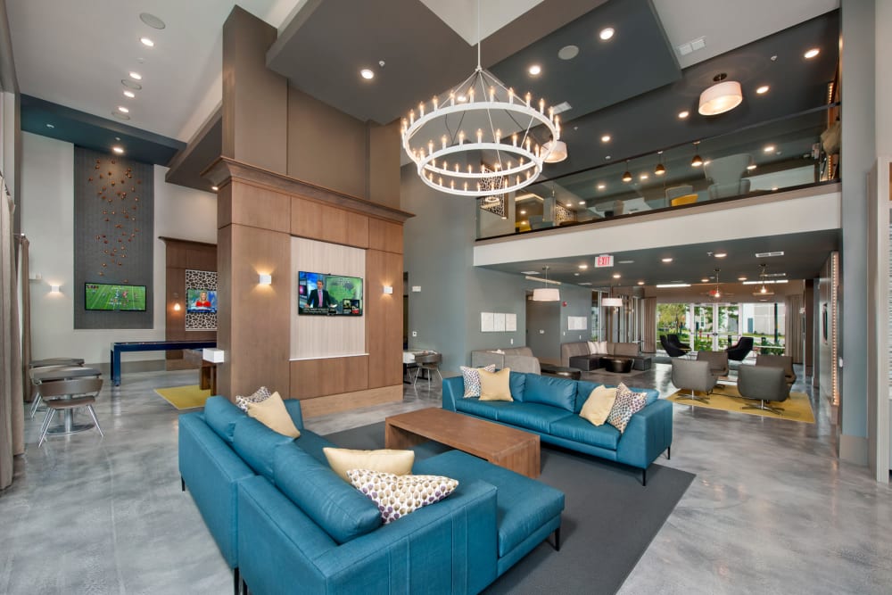 Lounge seating in the clubhouse at Linden Crossroads in Orlando, Florida