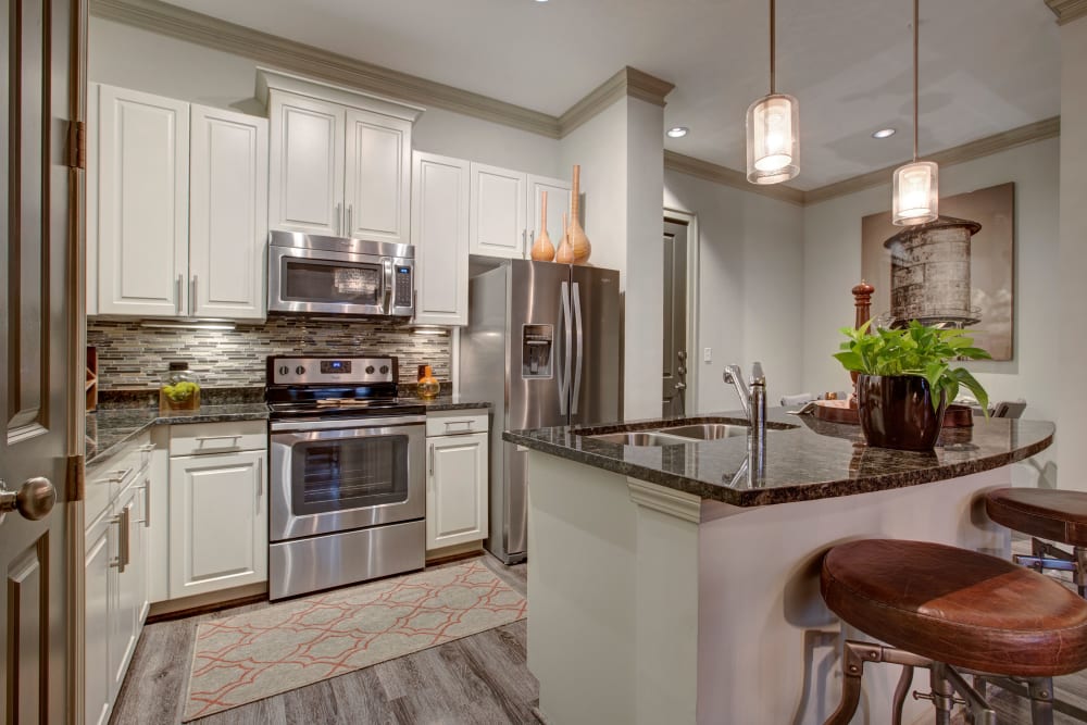 Fully equipped kitchen at Mark at West Midtown in Atlanta, Georgia