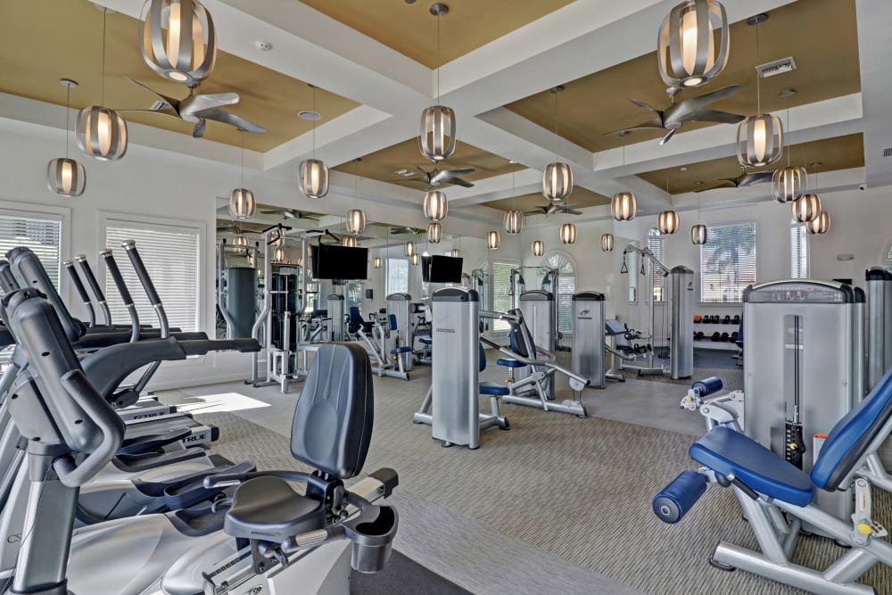 Fully equipped fitness center at Linden Pointe in Pompano Beach, Florida