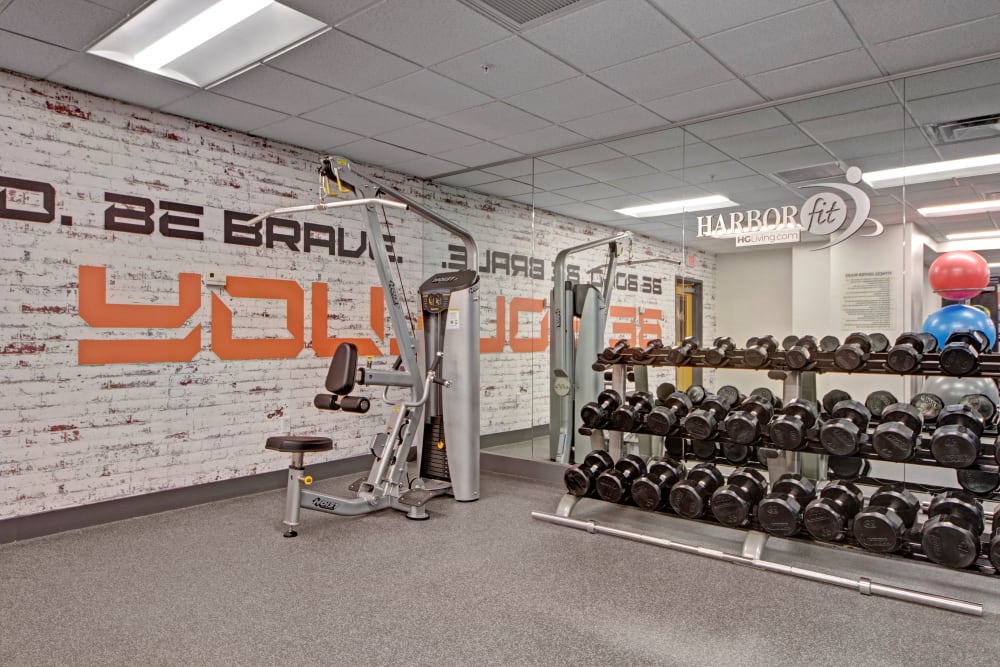 Fully equipped fitness center at Manor House in Dallas, Texas