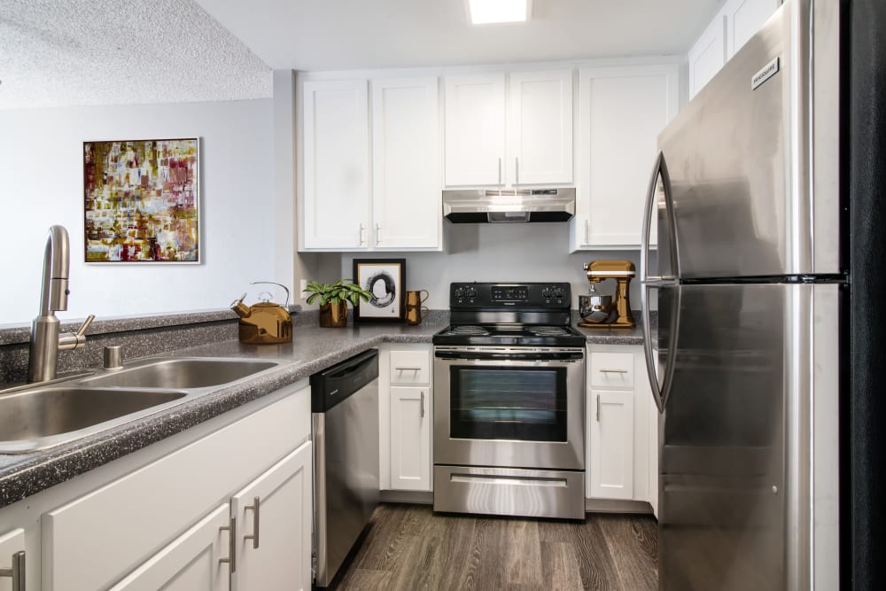 Kitchen with wood-style flooring at Lakeview Village Apartments in Spring Valley, California