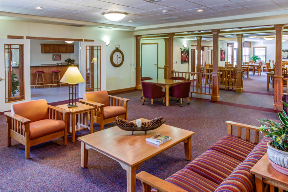 Comfortable seating in resident lounge at Prairie Hills in Clinton, Iowa
