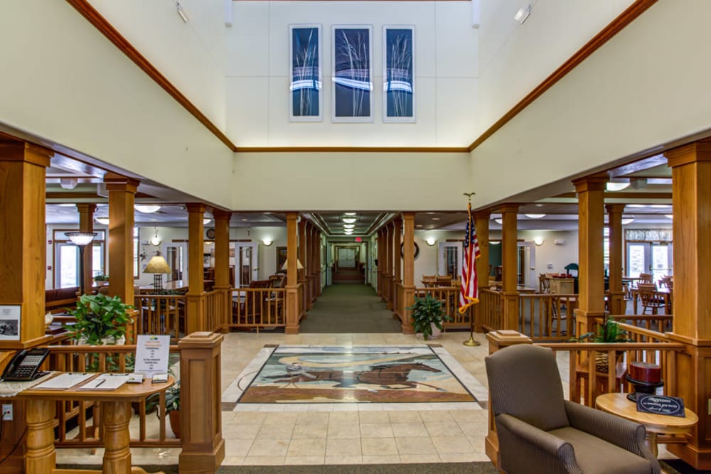 Inviting lobby with mosaic at Prairie Hills in Independence, Iowa.