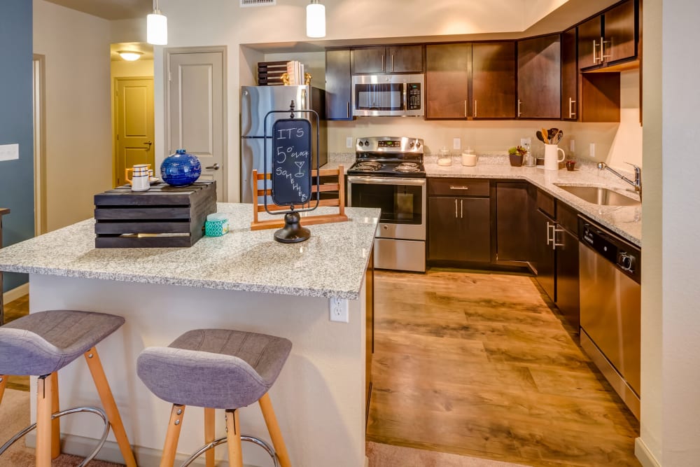 Gourmet kitchen in a model apartment at Granite 550 in Casper, Wyoming