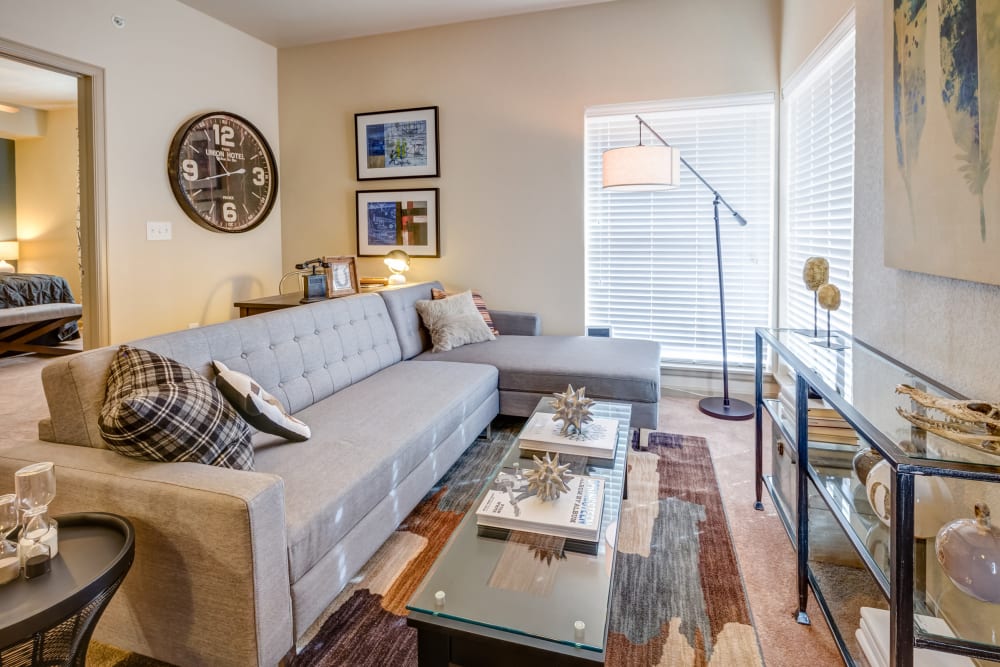 Well-furnished living space in a model apartment at Granite 550 in Casper, Wyoming