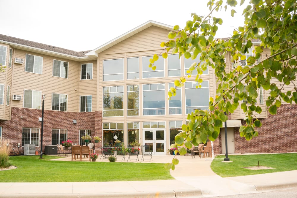 Exterior view of rear entrance at Prairie Meadows Senior Living in Kasson, Minnesota.