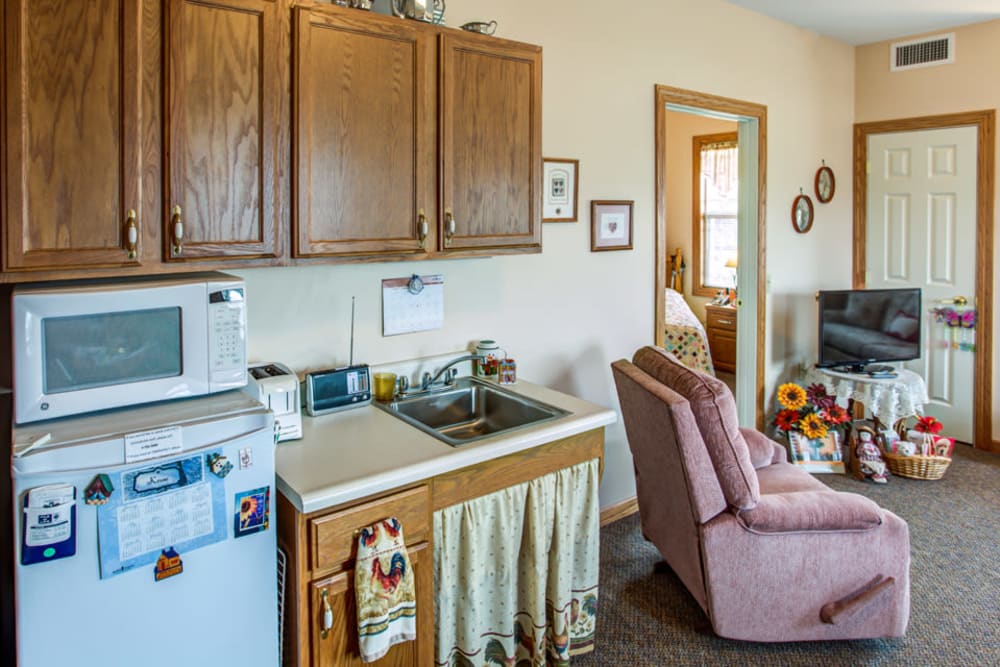 Resident apartment with kitchenette at Addington Place of Carroll in Carroll, Iowa. 