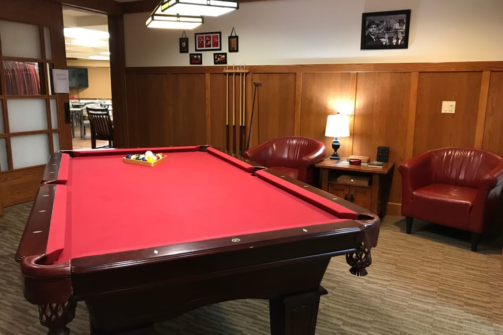 Resident billiard room at Prairie Hills Cedar Rapids in Cedar Rapids, Iowa.