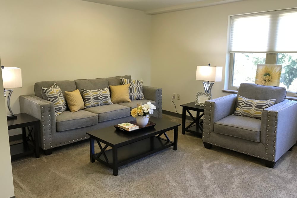 Comfortable living room with large windows at Prairie Hills Cedar Rapids in Cedar Rapids, Iowa