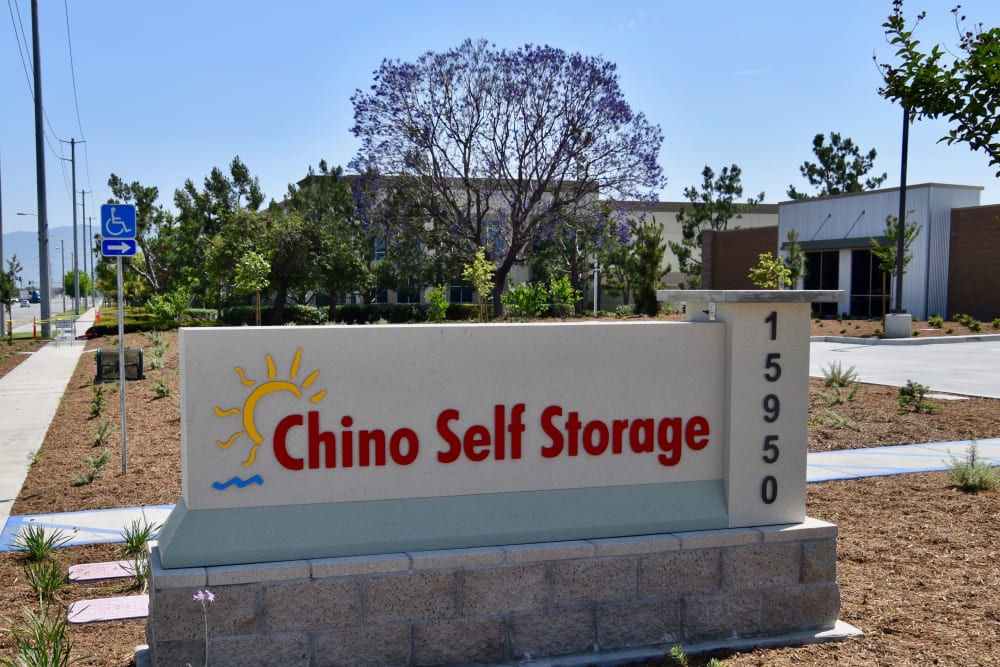 Facility sign at Chino Self Storage in Chino, CA