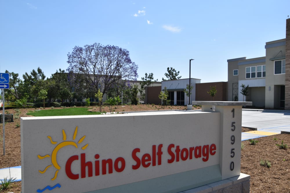 Location sign at Chino Self Storage in Chino, CA