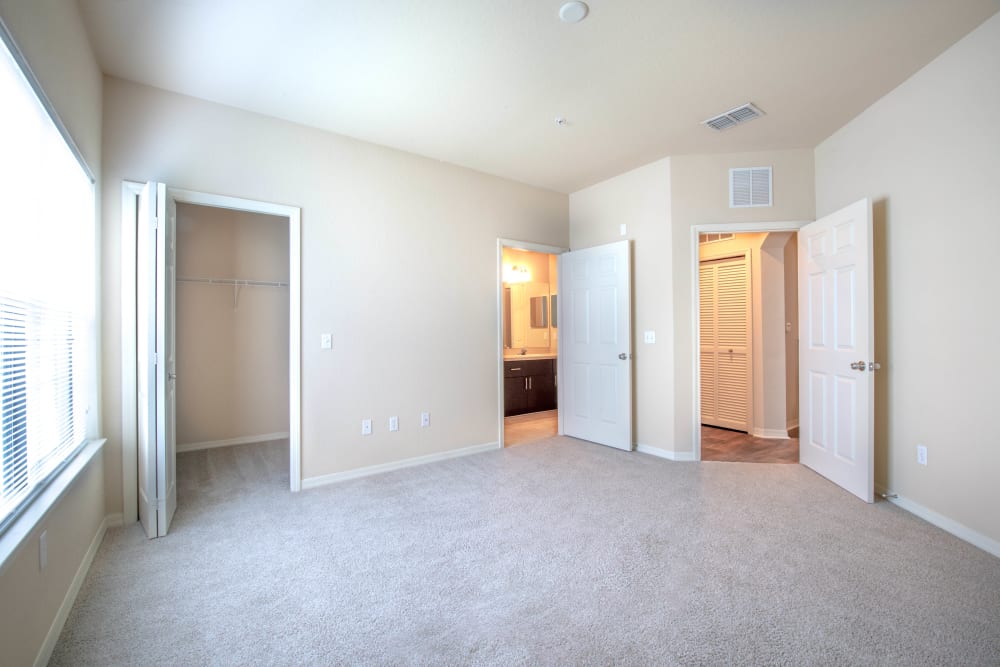 Plush carpeting throughout the large master bedroom of a model home at Mirador & Stovall at River City in Jacksonville, Florida