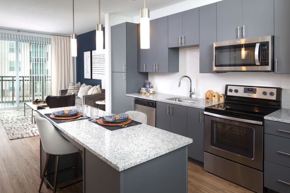 Custom wood cabinetry in a model apartment's kitchen at Lux on Main in Carrollton, Texas