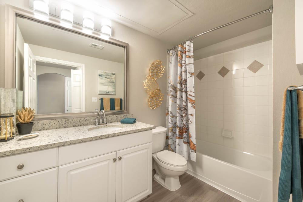 Tiled shower and a granite countertop in a model apartment's bathroom at Olympus Town Center in Keller, Texas